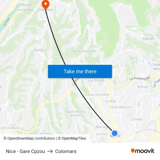 Nice - Gare Cpzou to Colomars map