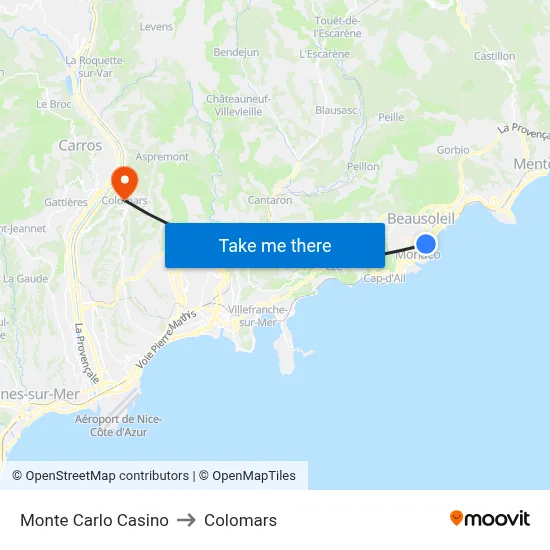 Monte Carlo Casino to Colomars map
