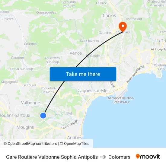 Gare Routière Valbonne Sophia Antipolis to Colomars map