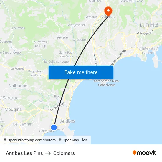 Antibes Les Pins to Colomars map