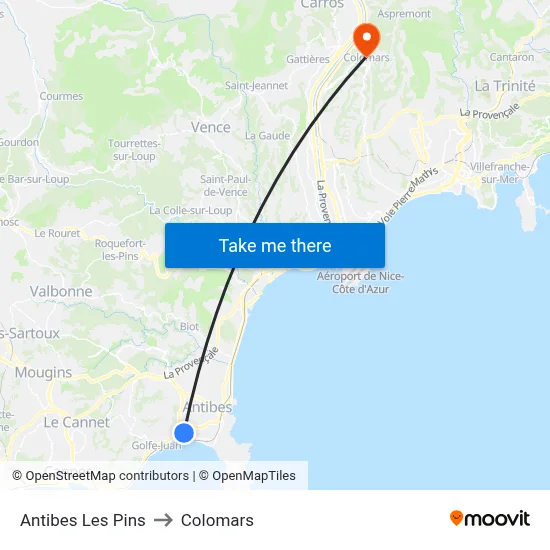 Antibes Les Pins to Colomars map