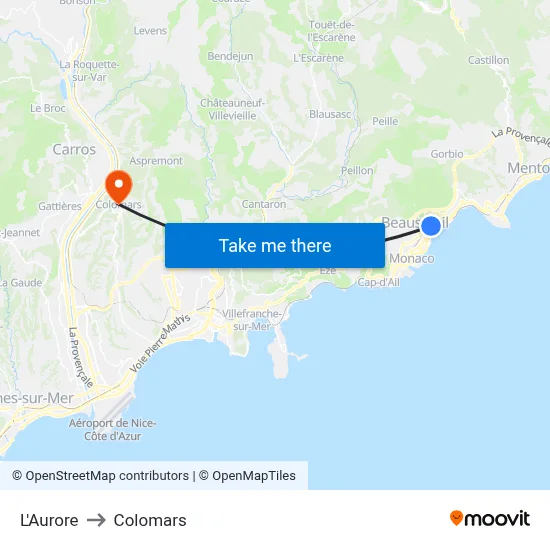 L'Aurore to Colomars map