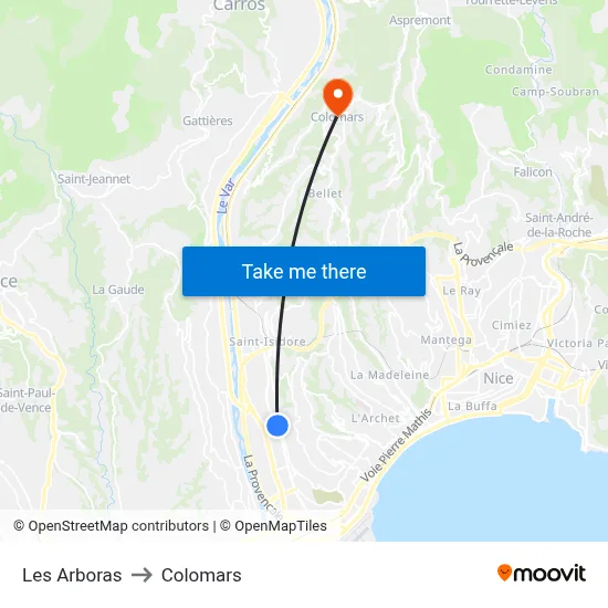 Les Arboras to Colomars map
