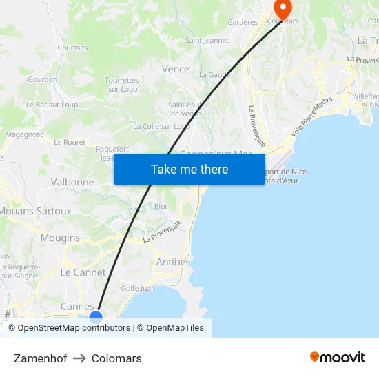 Zamenhof to Colomars map