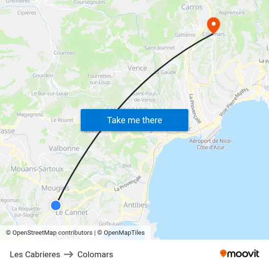 Les Cabrieres to Colomars map