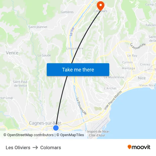 Les Oliviers to Colomars map