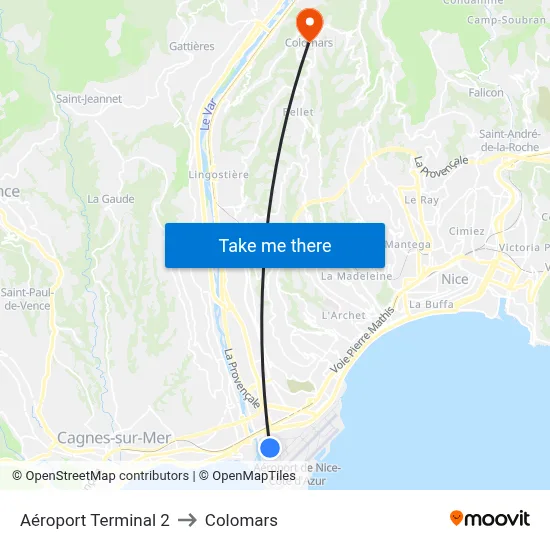 Aéroport Terminal 2 to Colomars map
