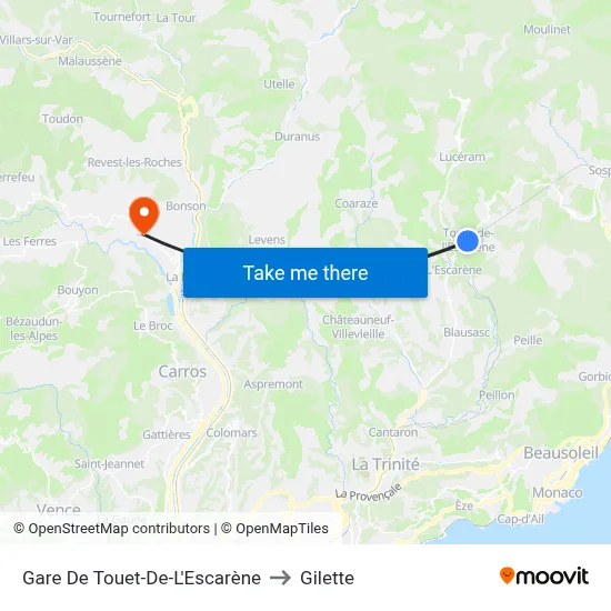 Gare De Touet-De-L'Escarène to Gilette map