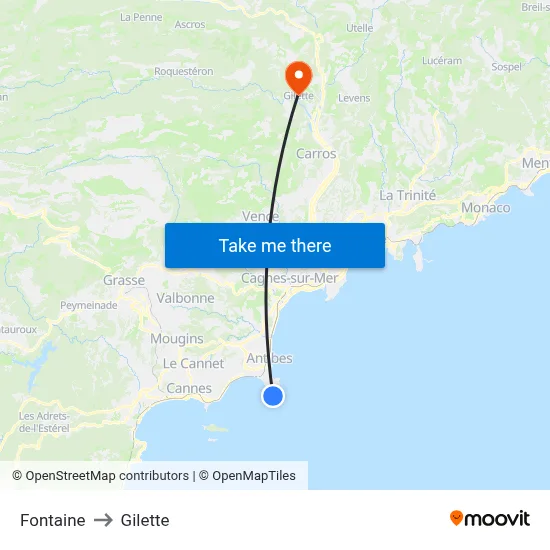 Fontaine to Gilette map