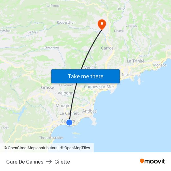 Gare De Cannes to Gilette map