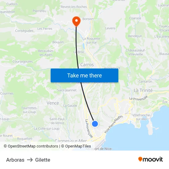 Arboras to Gilette map