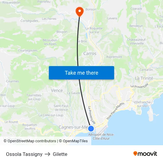 Ossola Tassigny to Gilette map