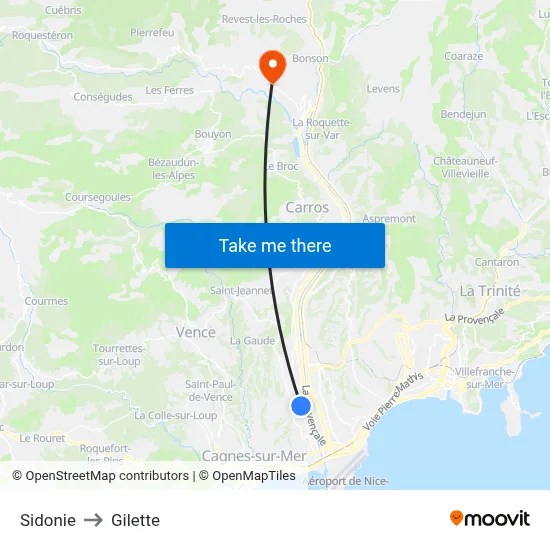 Sidonie to Gilette map