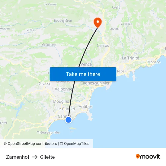 Zamenhof to Gilette map