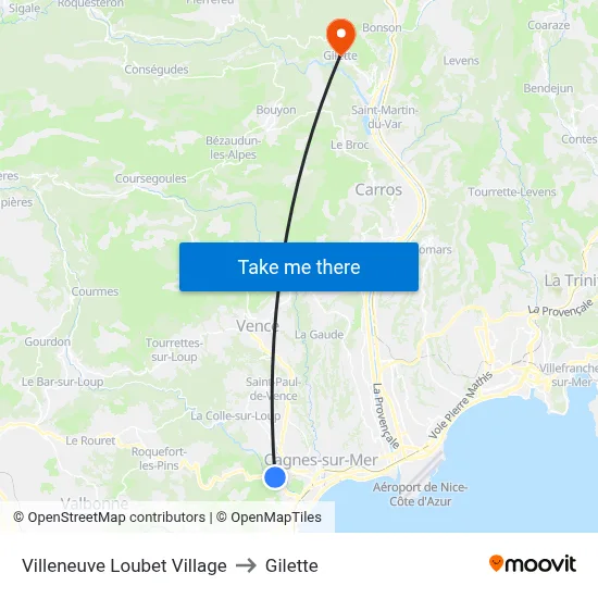 Villeneuve Loubet Village to Gilette map