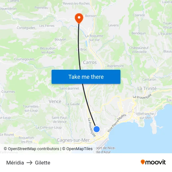 Méridia to Gilette map