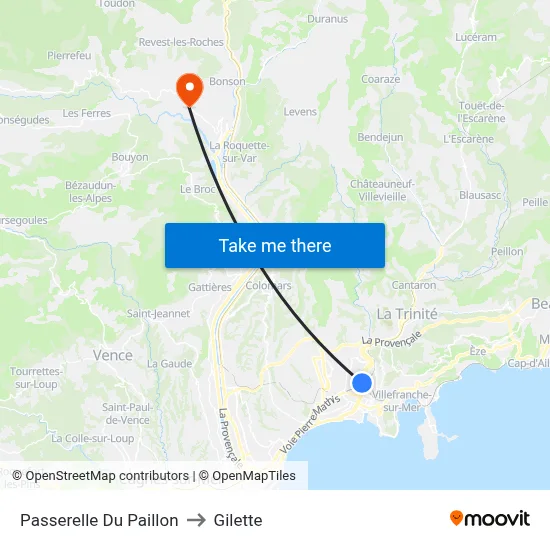Passerelle Du Paillon to Gilette map
