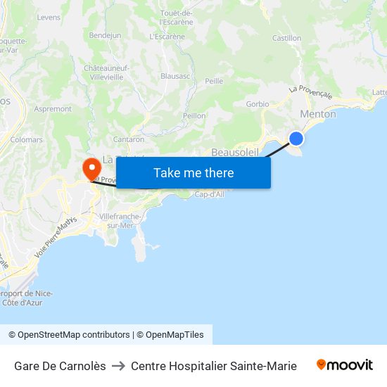 Gare De Carnolès to Centre Hospitalier Sainte-Marie map