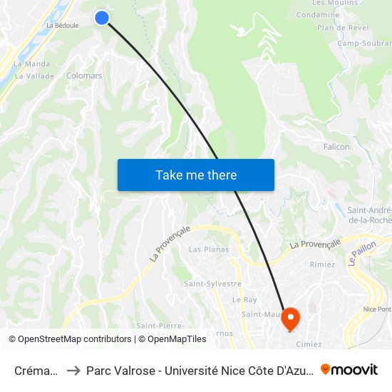 Crématorium to Parc Valrose - Université Nice Côte D'Azur - Faculté Des Sciences map