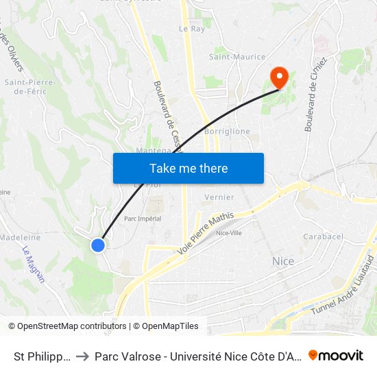 St Philippe Cpzou to Parc Valrose - Université Nice Côte D'Azur - Faculté Des Sciences map
