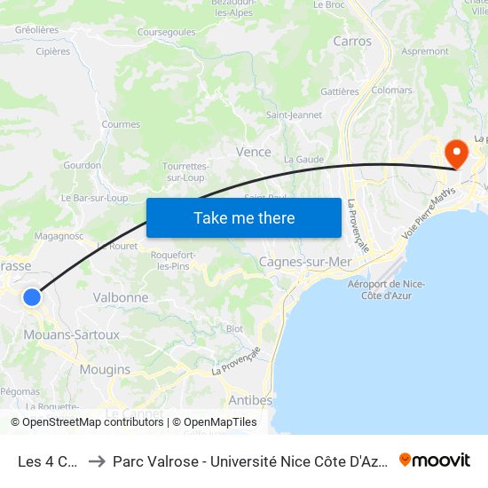Les 4 Chemins to Parc Valrose - Université Nice Côte D'Azur - Faculté Des Sciences map
