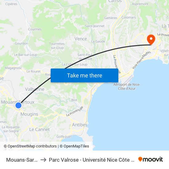 Mouans-Sartoux Centre to Parc Valrose - Université Nice Côte D'Azur - Faculté Des Sciences map
