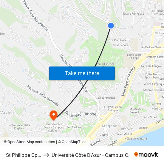 St Philippe Cpzou to Université Côte D'Azur - Campus Carlone map