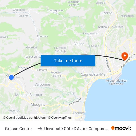 Grasse Centre Ville to Université Côte D'Azur - Campus Carlone map