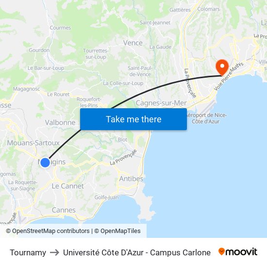 Tournamy to Université Côte D'Azur - Campus Carlone map