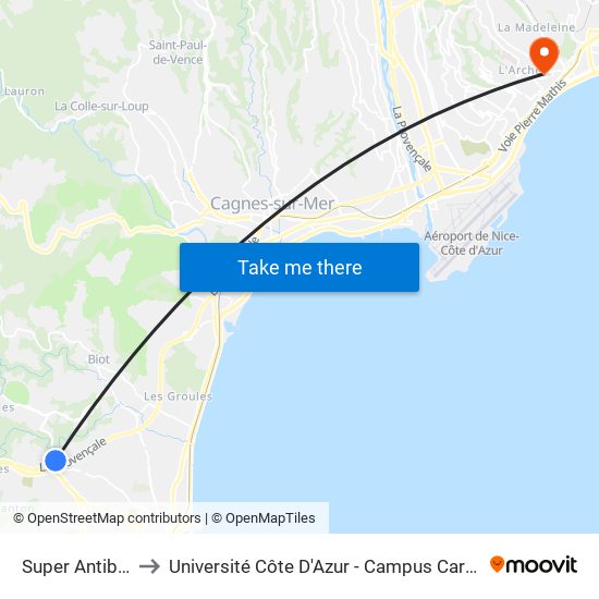 Super Antibes to Université Côte D'Azur - Campus Carlone map