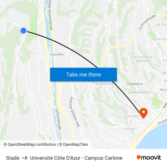 Stade to Université Côte D'Azur - Campus Carlone map