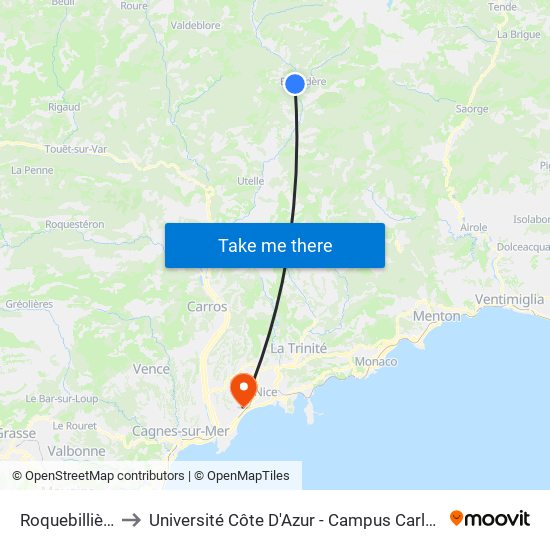 Roquebillière to Université Côte D'Azur - Campus Carlone map