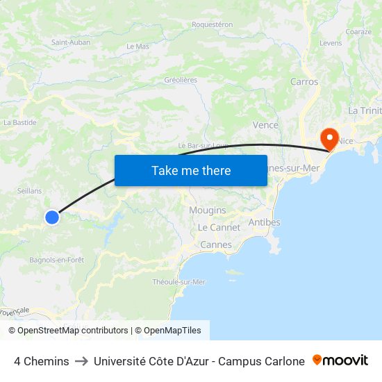 4 Chemins to Université Côte D'Azur - Campus Carlone map