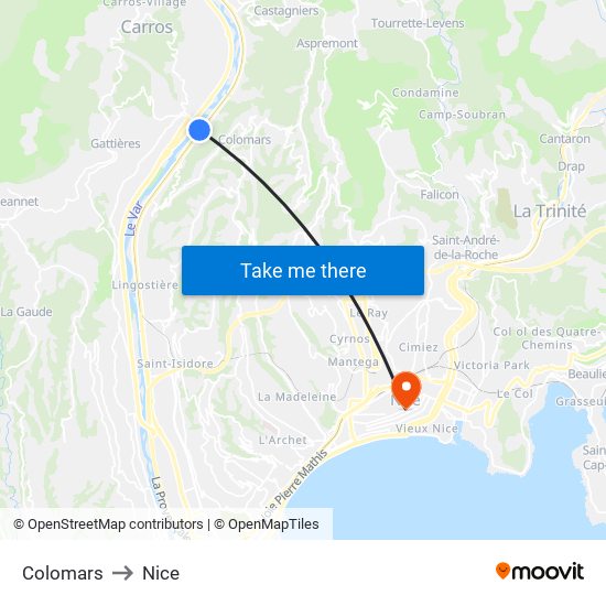 Colomars to Nice map