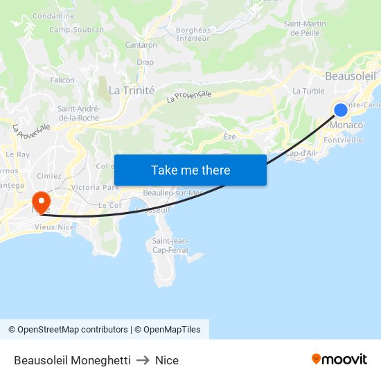 Beausoleil Moneghetti to Nice map