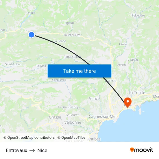 Entrevaux to Nice map
