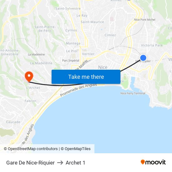 Gare De Nice-Riquier to Archet 1 map