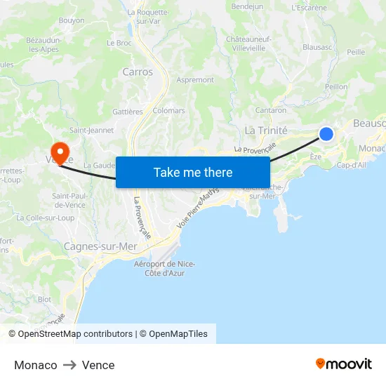 Monaco to Vence map
