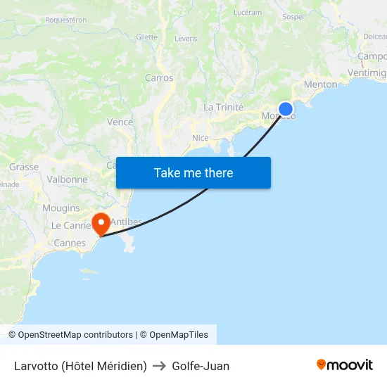 Larvotto (Hôtel Méridien) to Golfe-Juan map