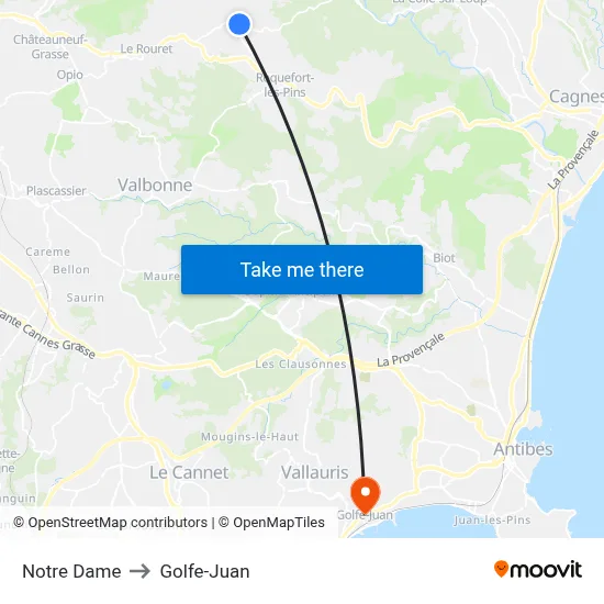 Notre Dame to Golfe-Juan map