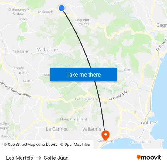 Les Martels to Golfe-Juan map