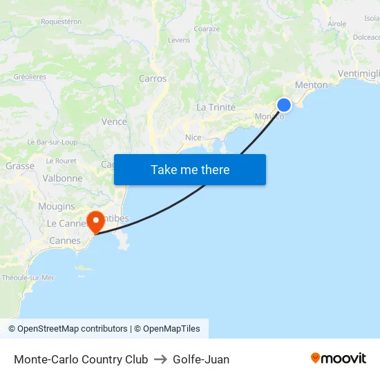 Monte-Carlo Country Club to Golfe-Juan map