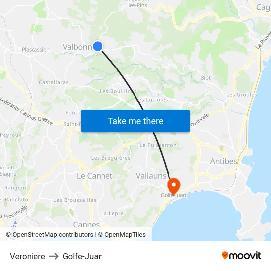 Veroniere to Golfe-Juan map