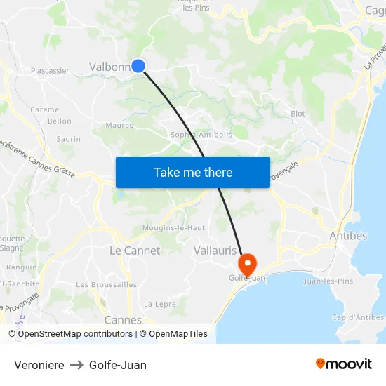 Veroniere to Golfe-Juan map