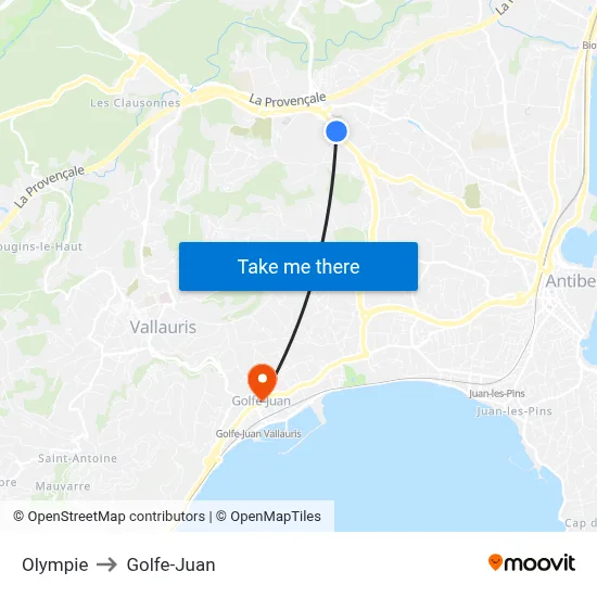 Olympie to Golfe-Juan map
