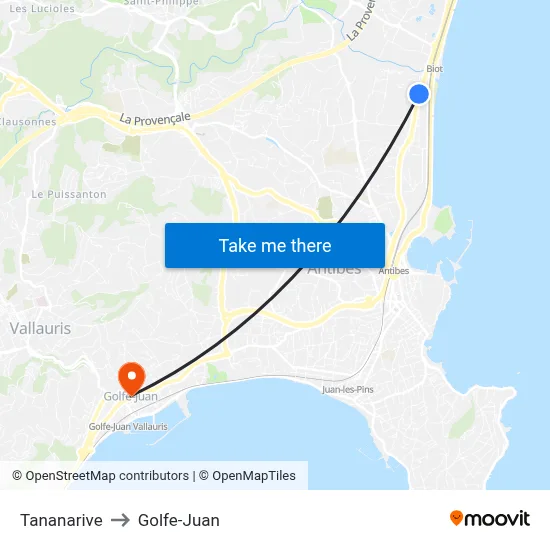 Tananarive to Golfe-Juan map