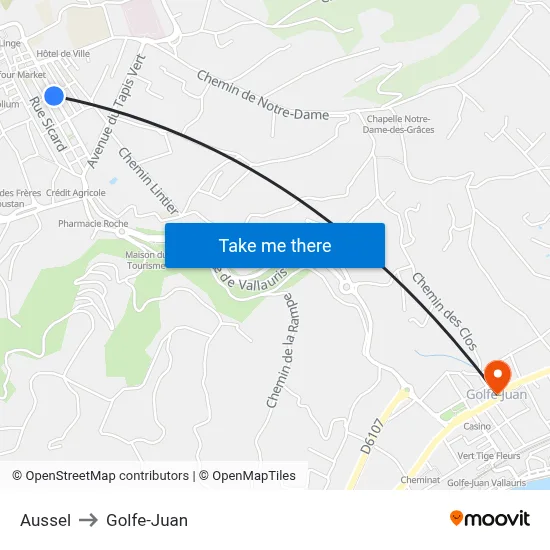 Aussel to Golfe-Juan map