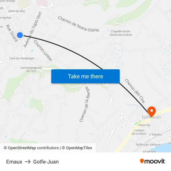 Emaux to Golfe-Juan map