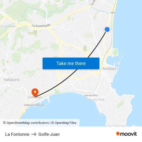 La Fontonne to Golfe-Juan map