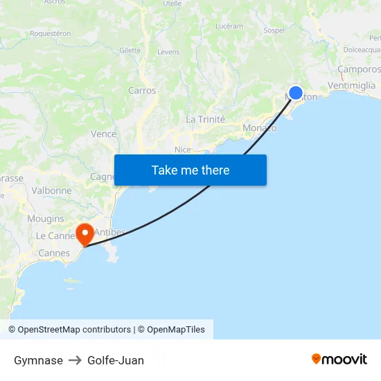 Gymnase to Golfe-Juan map